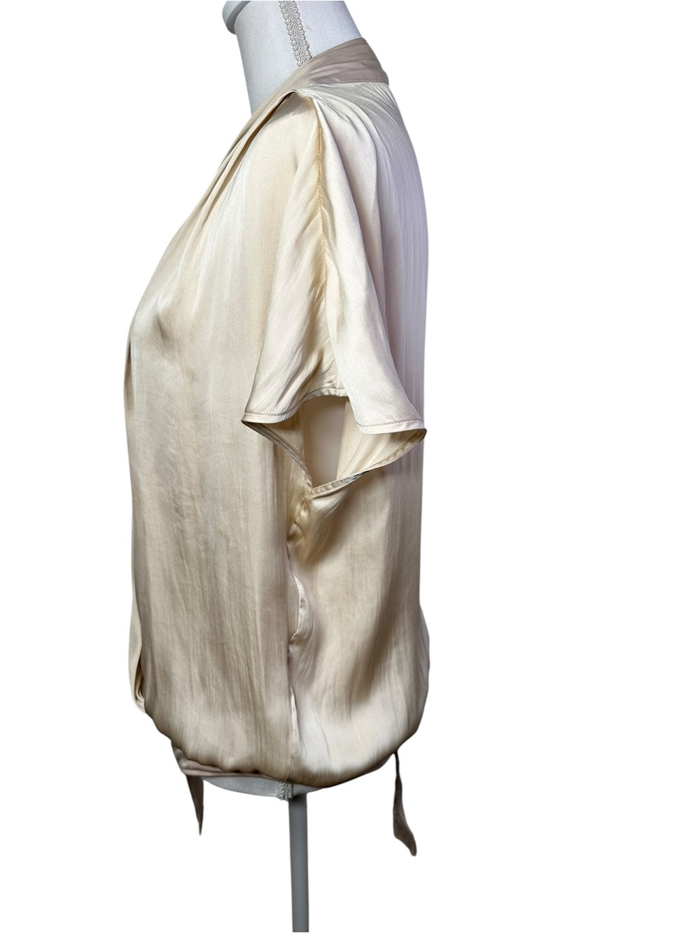 Paige Dijon Bodysuit Champagne Satin Drape Neck Short Sleeve Size Large ECRU - Picture 6 of 14